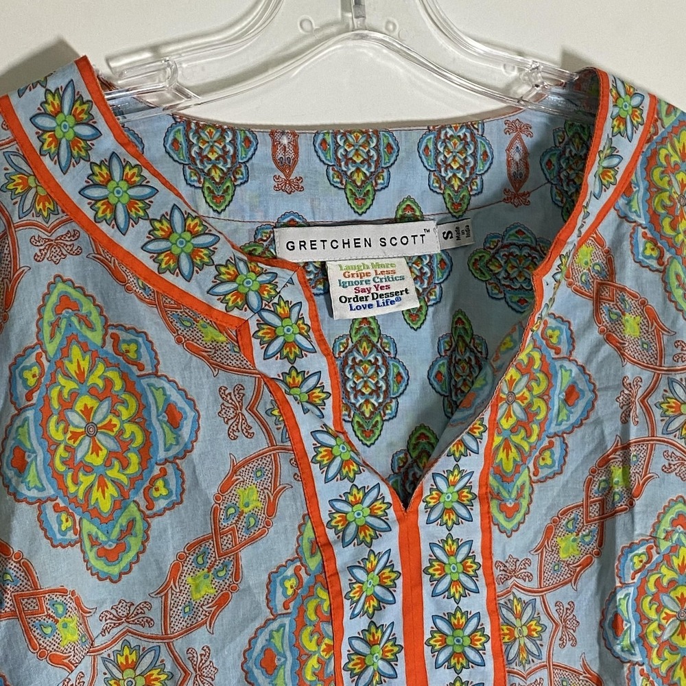 Gretchen Scott Top Womens Small Blue‎ Medallion Floral Tunic 3/4 Sleeve Boho - Picture 10 of 16